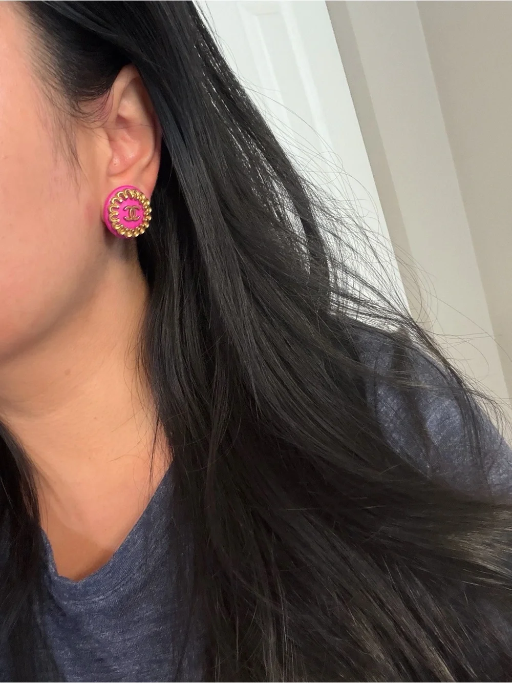 CHANEL Vintage Pink CC Gold Accent Clip On Stud Earrings